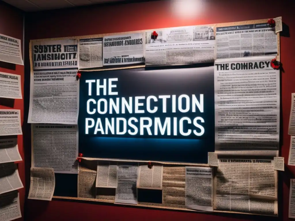 Tablero de conspiraciones: Pandemias y teorías COVID19 Un intrigante mural de teorías conspiración pandemias históricas en una habitación sombría con recortes de periódicos y notas escritas a mano