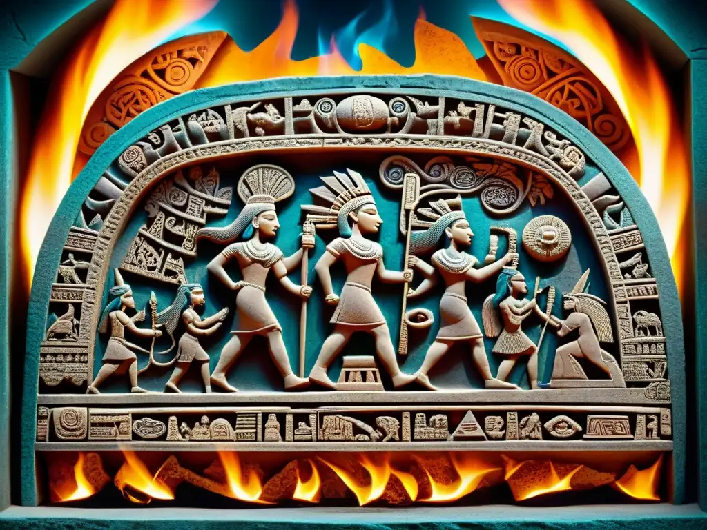 Intrincada talla maya de destrucción y renacimiento con colores vivos y patrones detallados, simbolizando el fin de una era y el inicio de otra