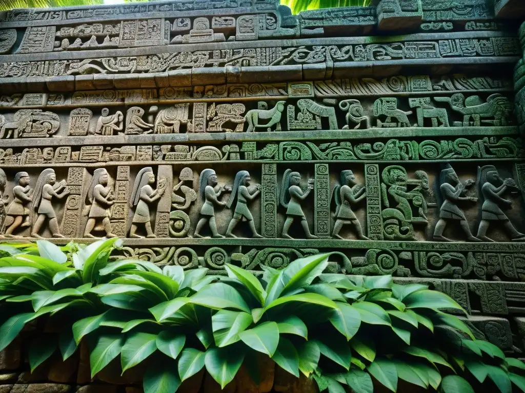 Relieve maya: arte ancestral en piedra Intrincadas jeroglíficos en templo Maya con un aire misterioso y espiritual