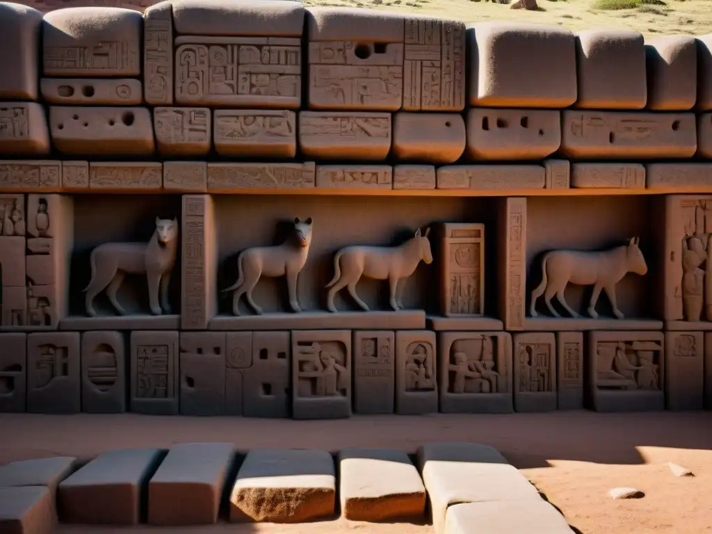 Detalles misteriosos de Pumapunku: arte antiguo y tecnología avanzada Intrincadas piedras esculpidas en Pumapunku, resaltando la tecnología extraterrestre en Bolivia