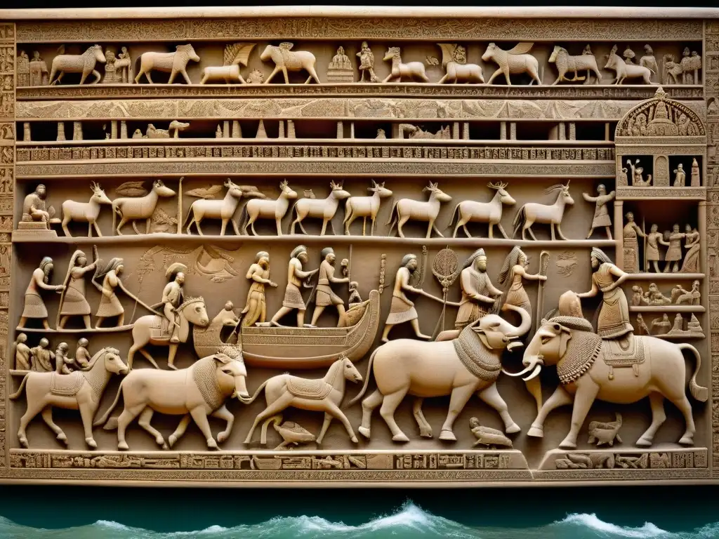 Intrincadas representaciones de mitos del diluvio de diferentes culturas en arte de piedra