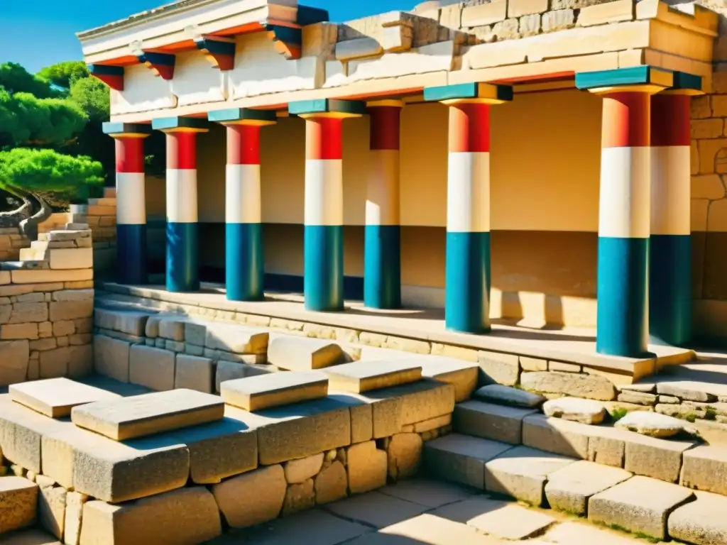 Ruinas del Palacio de Knossos: Misterio y Significado Histórico Intrincadas ruinas del Palacio de Knossos en Creta, revelando historia y mito