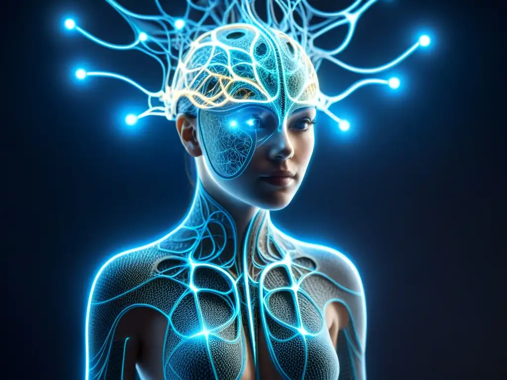Compleja red neural iluminada en azul Intrincado diagrama de red neural con nodos conectados en azul misterioso