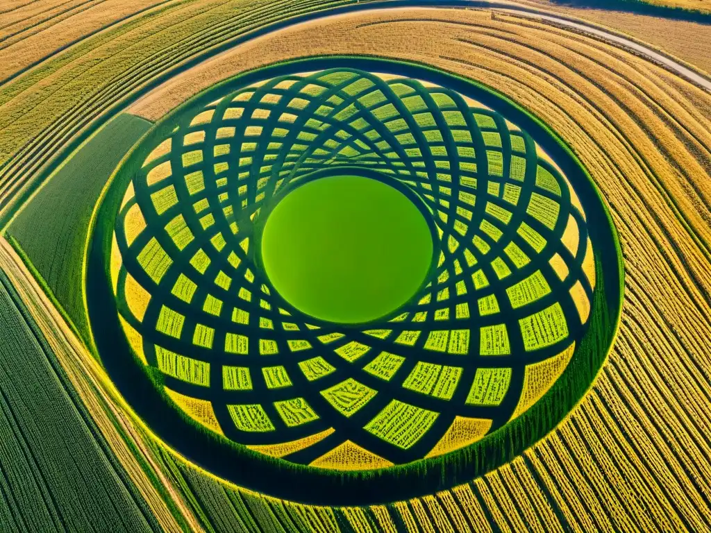 Intrigante diseño de crop circle en campo de trigo dorado Intrincado diseño en cultivo de trigo dorado, reflejando la precisión y complejidad de los círculos de cultivos extraterrestres