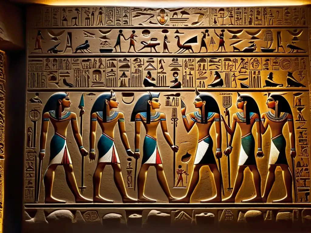 Antiguo jeroglífico egipcio: escenas misteriosas iluminadas Intrincado jeroglífico egipcio en cámara oscura con luz, Pharaohs y dioses, añade misterio