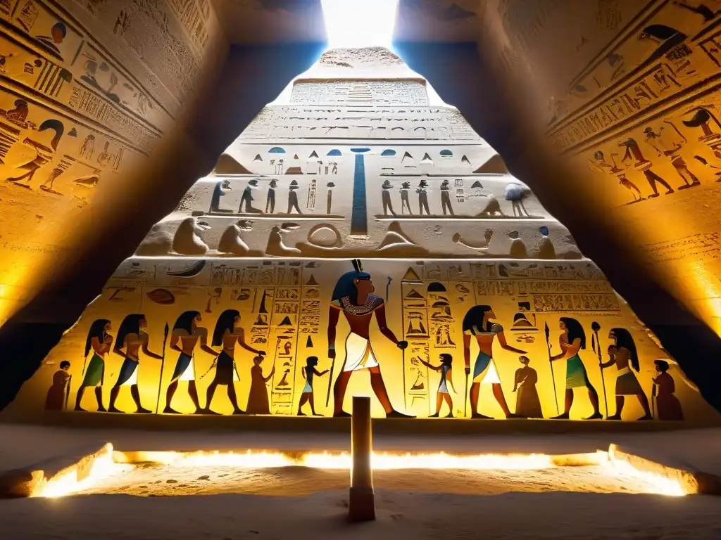 Mural egipcio antiguo en la Cámara del Rey: misterio y esplendor Intrincado mural egipcio en la Cámara del Rey de la Gran Pirámide de Giza, con teorías misteriosas