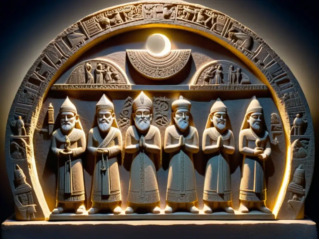 Intrincado relieve de piedra con misteriosos rituales bajo la Luna en civilizaciones perdidas