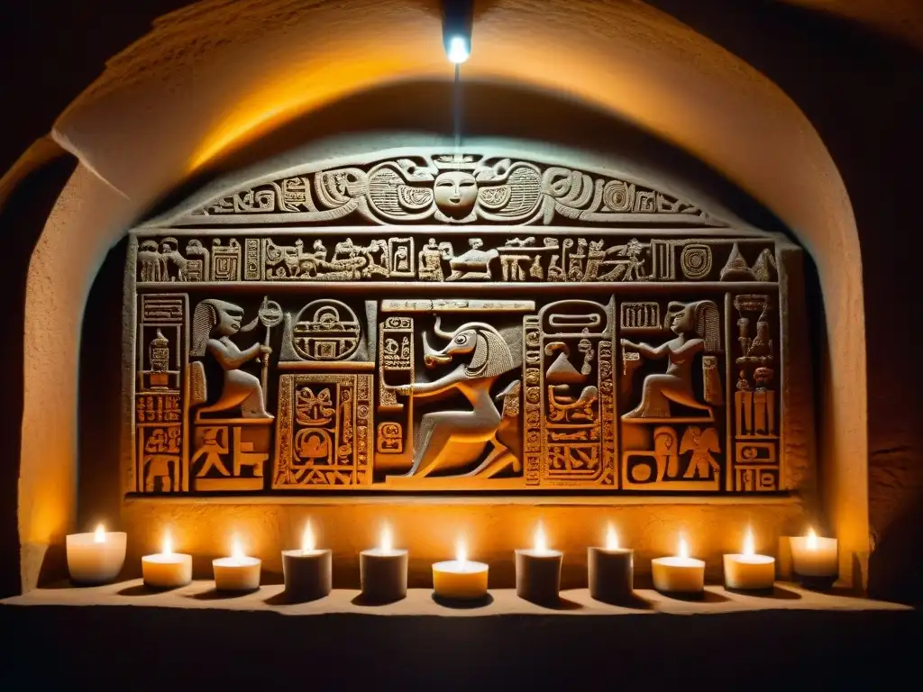 Misteriosas inscripciones mayas iluminadas por una vela en la penumbra Intrincado tallado de piedra con símbolos mayas iluminados por una vela en cámara subterránea