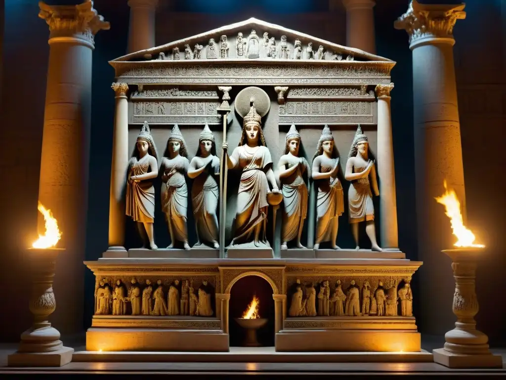 Templo de Cybele en Roma: misterios y rituales Intrincados grabados de la Diosa Cybele y adoradores en el templo de Roma