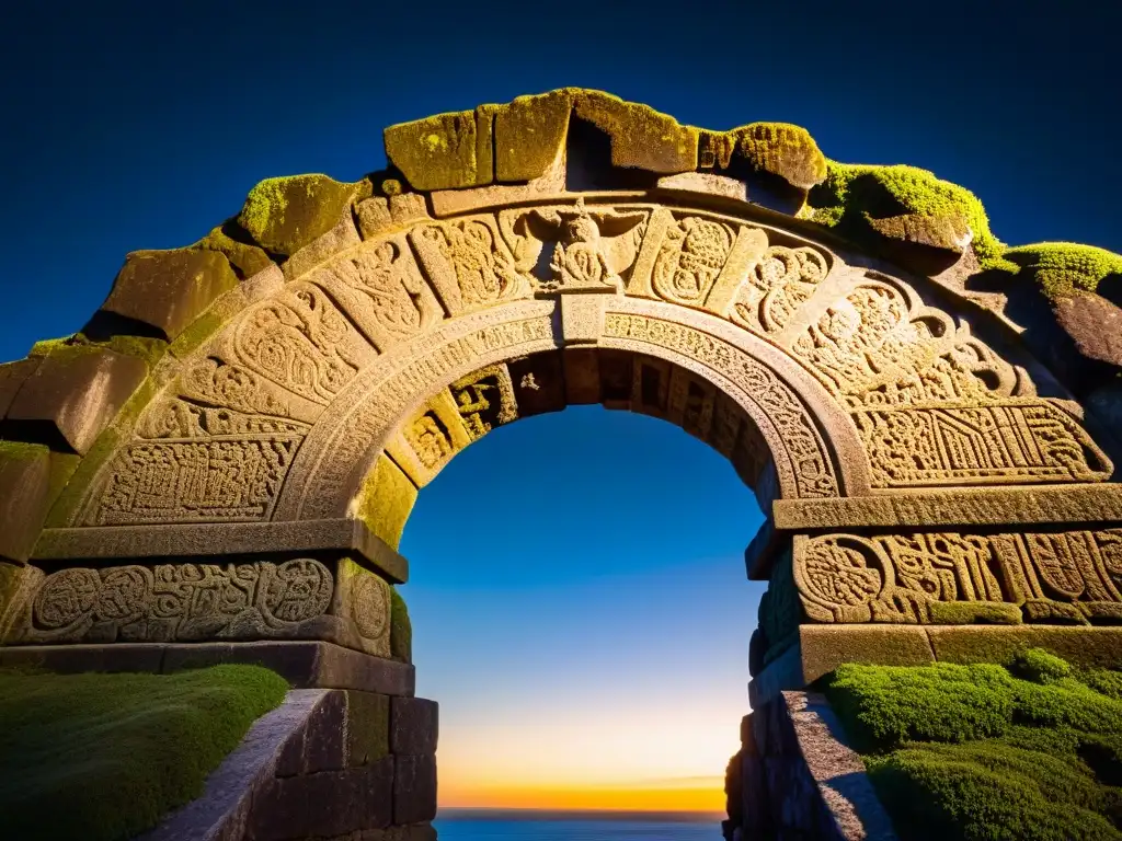 Misterios en la Puerta de Hércules: Detalles ancestrales bajo la luna Intrincados grabados en La Puerta de Hércules bajo la misteriosa luz de la luna, con musgo adherido al antiguo arco
