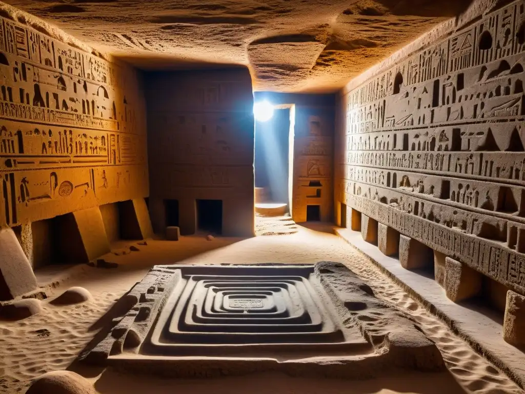 Descubre la enigmática ciudad subterránea de Egipto Intrincados jeroglíficos y artefactos antiguos en una cámara subterránea egipcia, revelando un mundo misterioso lleno de secretos y pasadizos oscuros