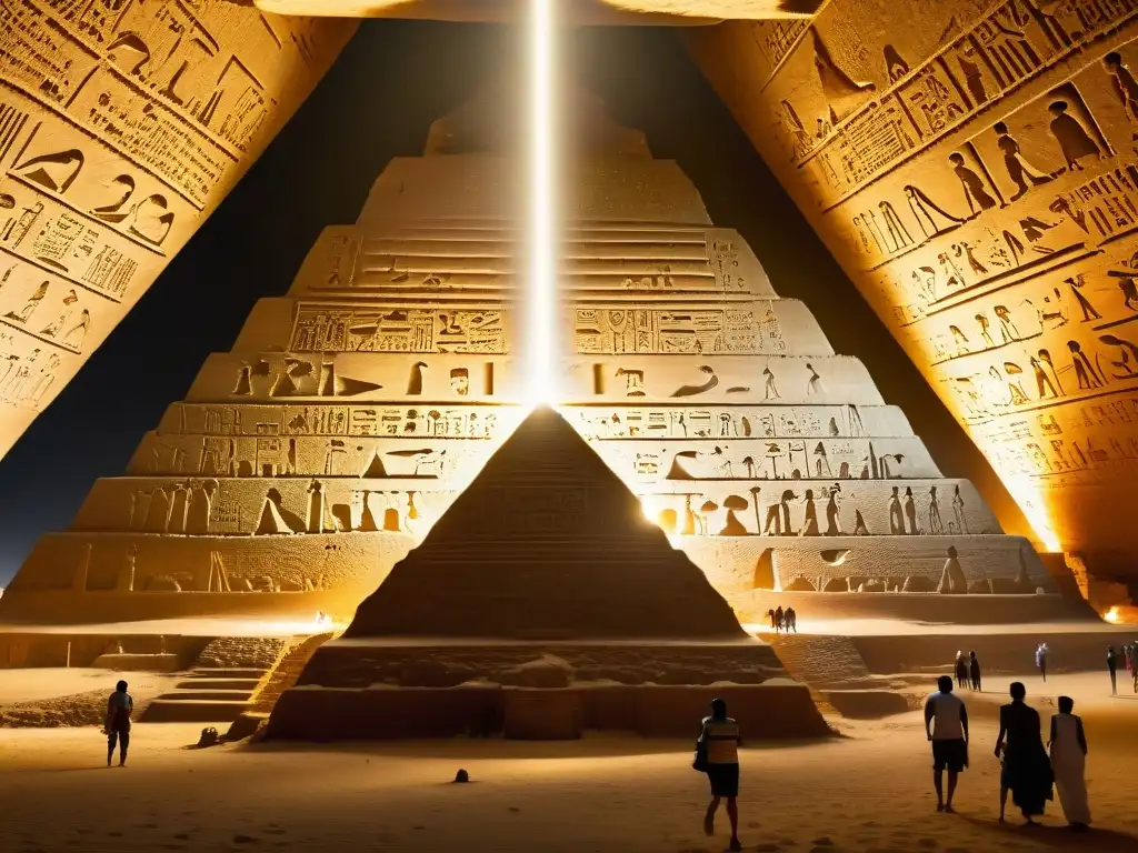 Misteriosos jeroglíficos iluminados en la Gran Pirámide de Giza Intrincados jeroglíficos iluminados por un rayo de luz en una cámara oculta de la Gran Pirámide de Giza, revelando la enigmática civilización avanzada
