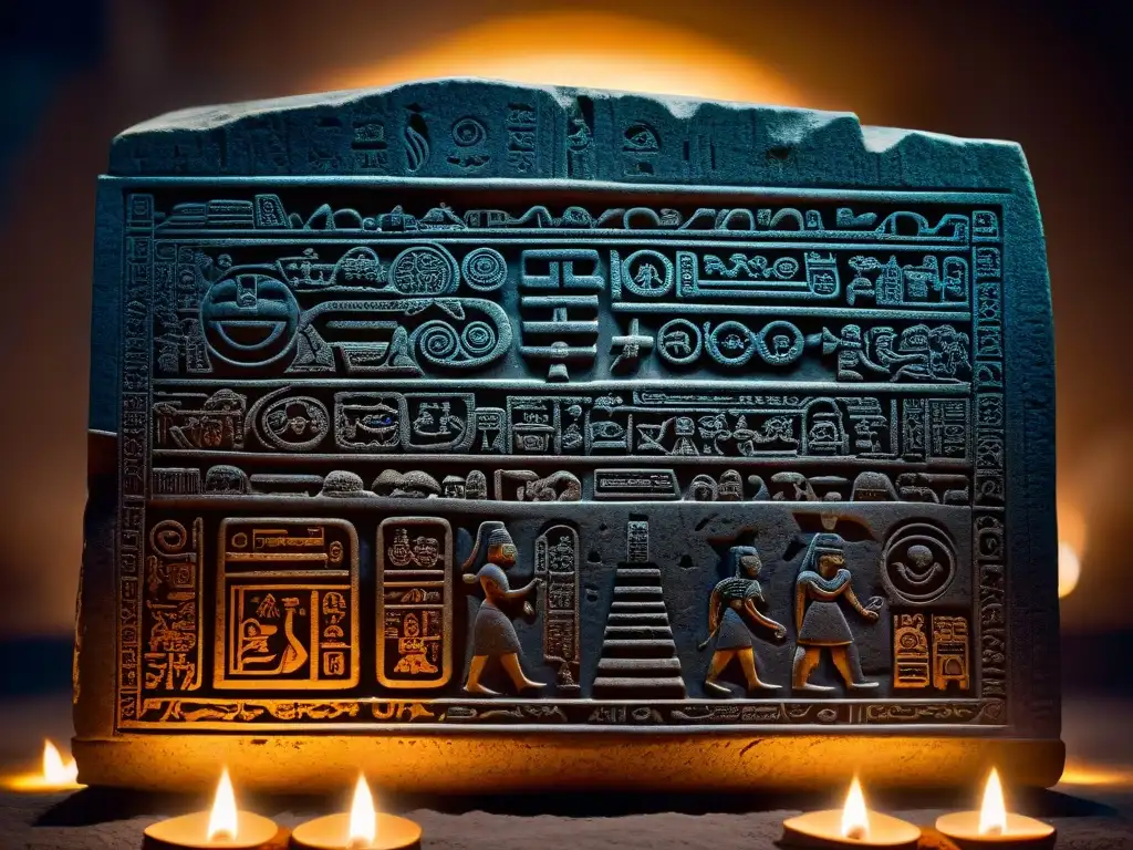 Jeroglíficos Mayas: Misterios Astronómicos Intrincados jeroglíficos mayas tallados en piedra, iluminados por velas creando una atmósfera enigmática