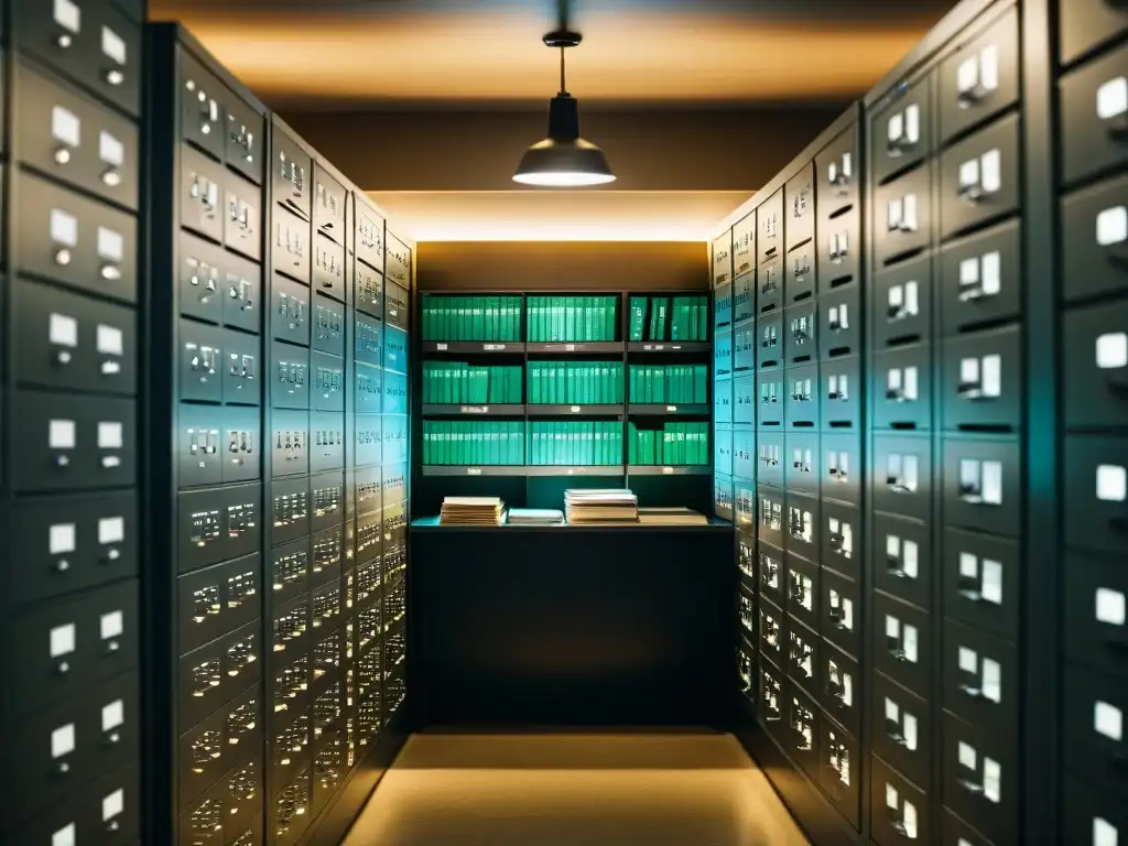 Descubrimientos OVNI en archivo secreto del gobierno Un investigador solitario examina documentos oficiales ovnis desclasificados en una sala de archivo gubernamental