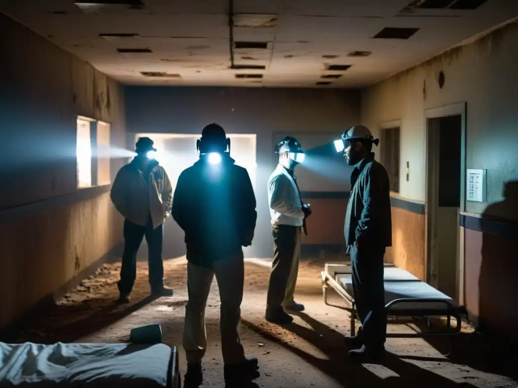 Exploración paranormal en hospital abandonado: investigadores en acción Investigadores exploran un hospital abandonado con Equipamiento para investigación paranormal