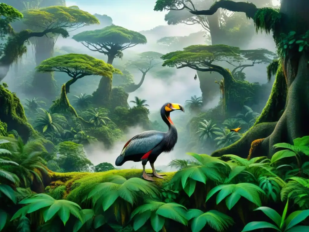 Misterioso bosque con Dodo extinto Una jungla densa con neblina entre árboles antiguos y un Dodo extinto