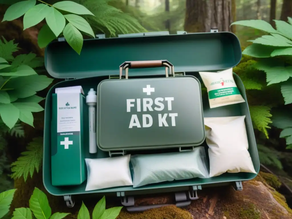 Kit de primeros auxilios para exploraciones en bosque misterioso Un kit de primeros auxilios especializado para exploraciones, en un misterioso bosque