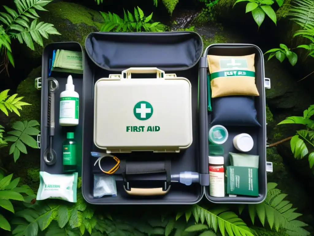 Un kit de primeros auxilios en expediciones misteriosas, detallado y en una jungla densa y enigmática