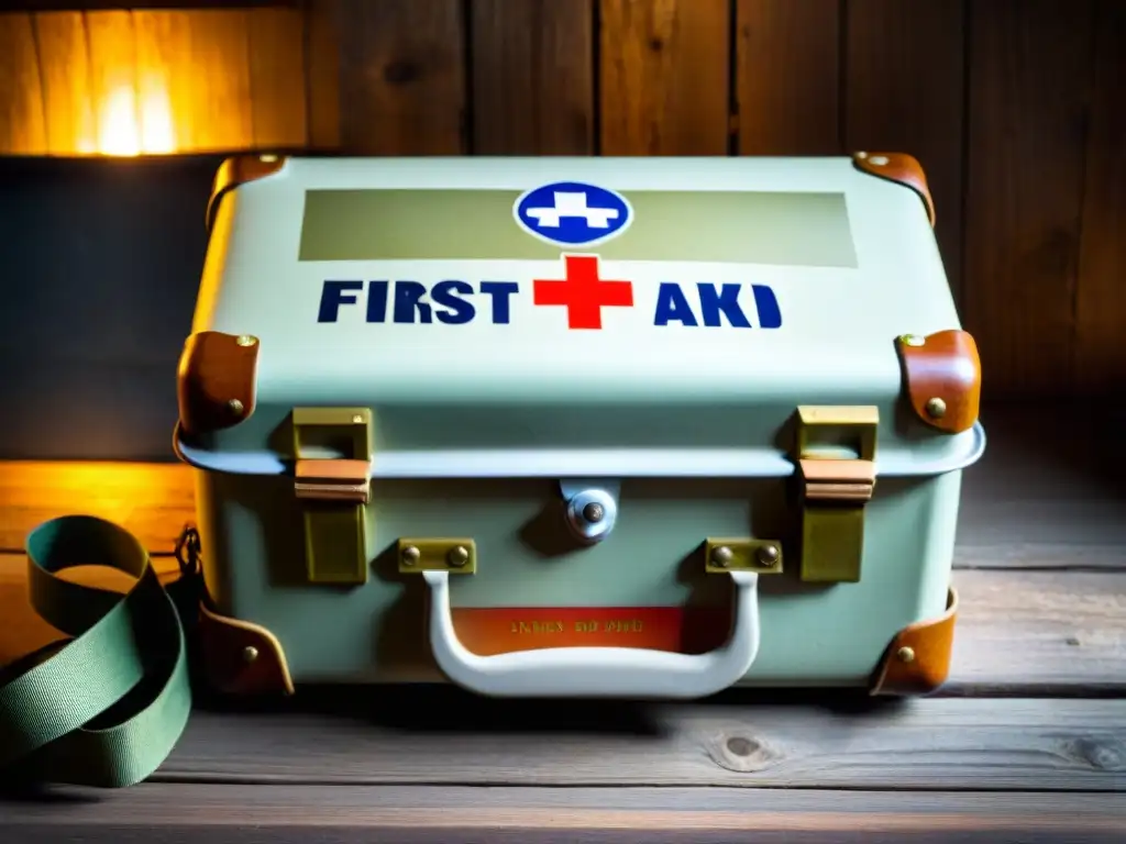 Un kit de primeros auxilios vintage en una mesa de madera iluminado por velas, ideal para expediciones misteriosas
