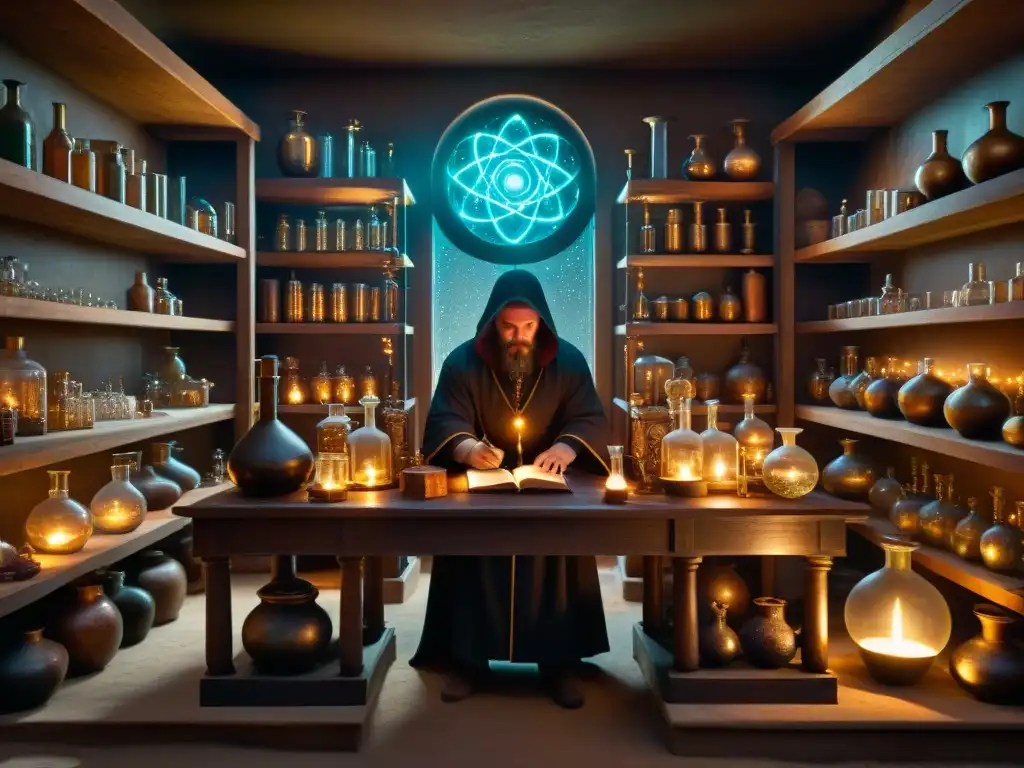 El laboratorio del alquimista: misterios y secretos ancestrales Un laboratorio alquímico antiguo lleno de misteriosos símbolos y un alquimista trabajando en la transmutación de metales