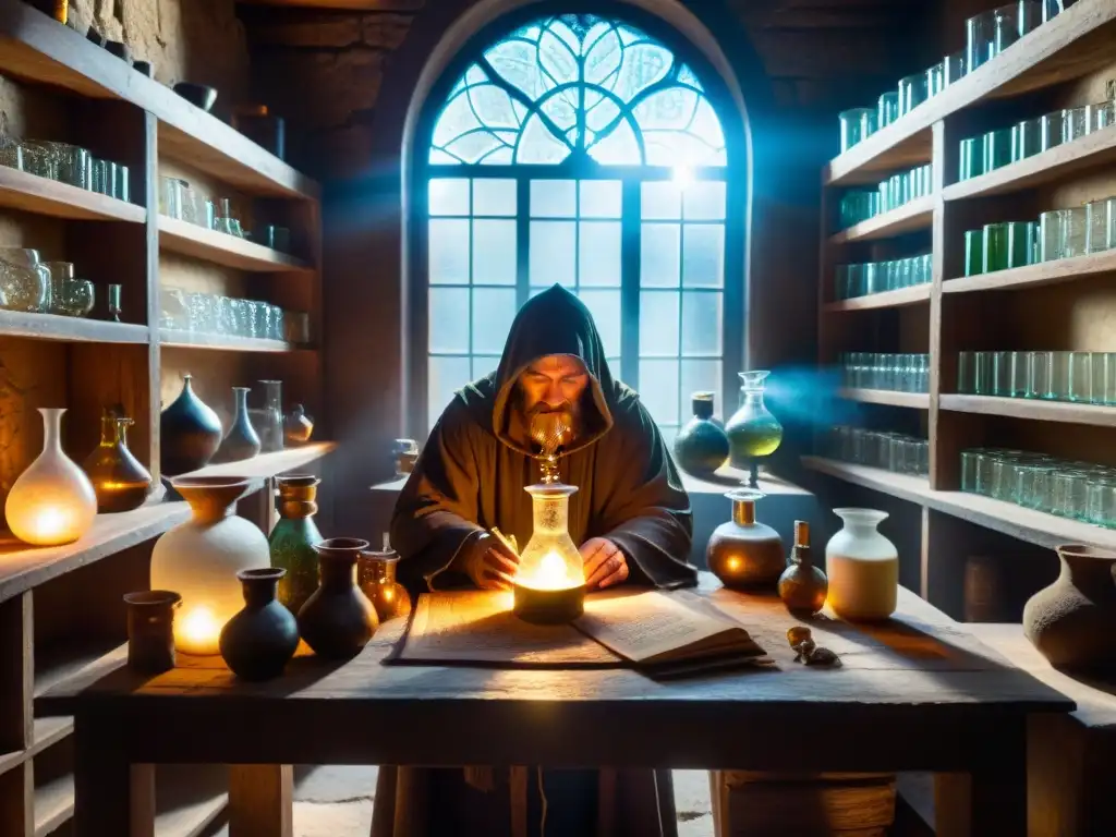 Laboratorio alquímico místico con figuras en capa y antiguos símbolos Un laboratorio alquímico lleno de misteriosas herramientas, libros antiguos y símbolos en las paredes de piedra