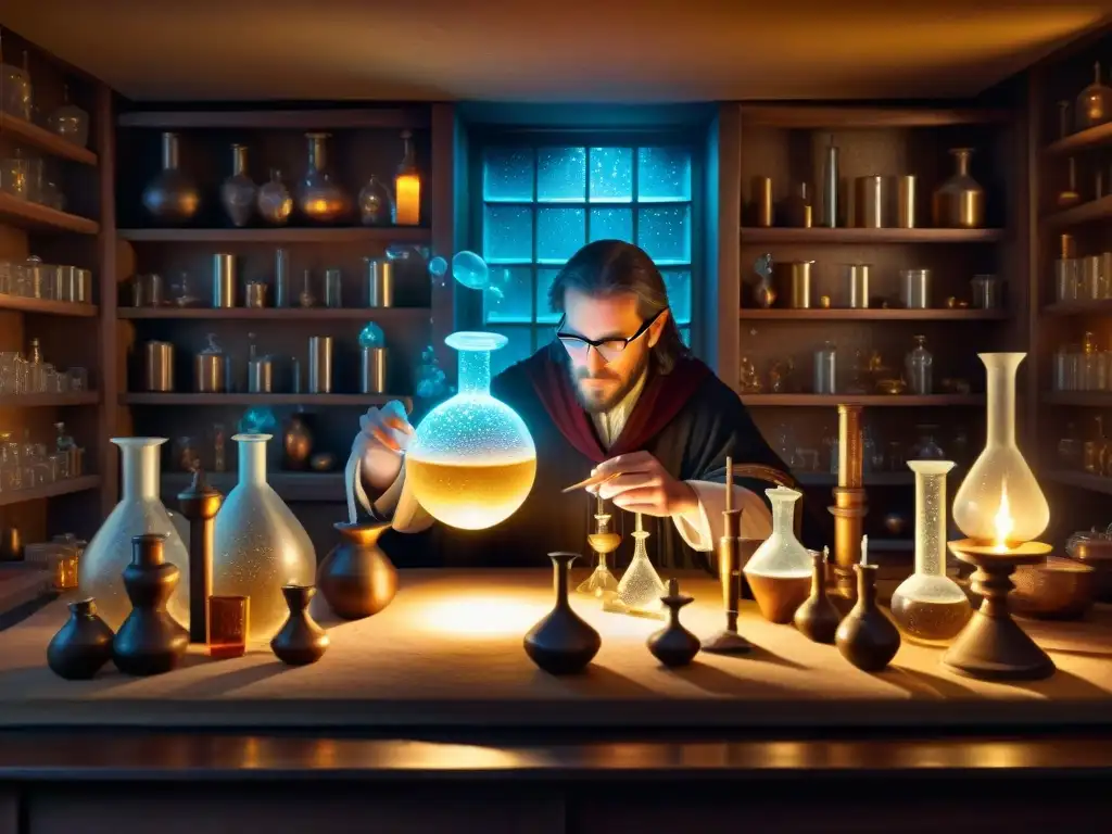 Alquimia medieval: laboratorio mágico y misterioso Un laboratorio alquímico medieval: un enigma de cristales brillantes, manuscritos antiguos y figuras misteriosas