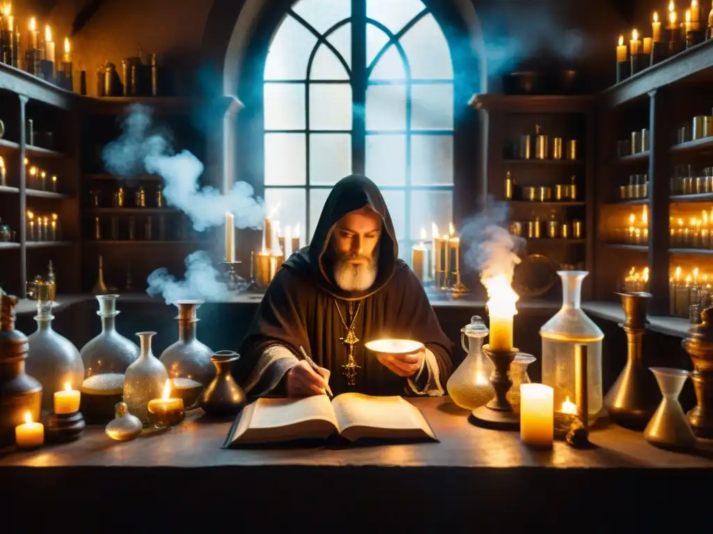 Misterioso laboratorio alquímico medieval Un laboratorio alquímico medieval lleno de misteriosos instrumentos, libros antiguos y figuras en sombras, realizando la transmutación de metales