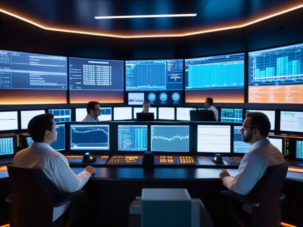 Control room de investigación espacial: análisis intenso bajo presión Un laboratorio de control en una instalación de investigación espacial, monitores muestran datos complejos