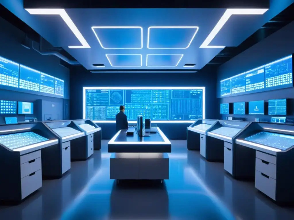 Laberinto de IA: innovación y misterio en el futuro Un laboratorio de inteligencia artificial futurista con tecnología avanzada y científicos debatiendo, creando un enigma de innovación