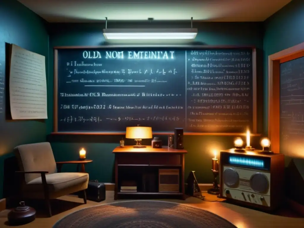 Escena misteriosa con equipo científico antiguo y fenómenos paranormales Un laboratorio misterioso con equipo antiguo, radio estática, velas y pizarrón con ecuaciones de 'Física de lo Imposible Paranormal'