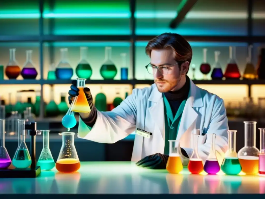 Alquimia moderna: laboratorio detallado con misteriosas reacciones químicas Un laboratorio moderno lleno de instrumentos científicos, donde se mezclan alquimia y transmutación de metales