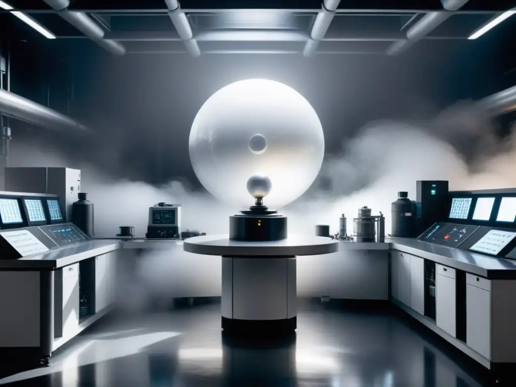Experimento paranormal en laboratorio futurista Un laboratorio en penumbras con un acelerador de partículas rodeado de niebla misteriosa y un grupo de científicos rodeando un orbe paranormal