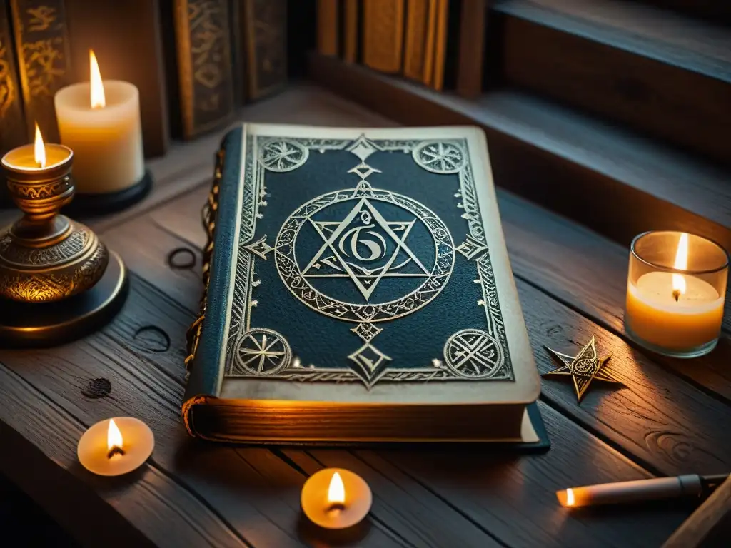 Libro antiguo con símbolos ocultos iluminado por vela en estudio misterioso Libro antiguo con símbolos ocultos, iluminado por vela en estudio misterioso