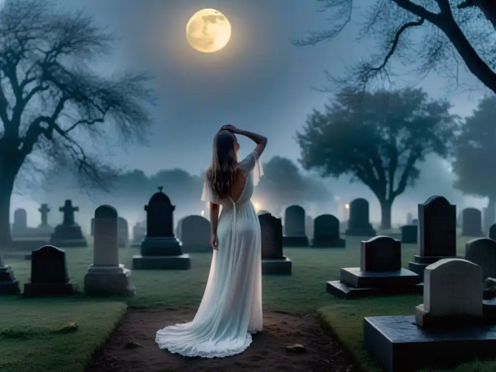 La Llorona: leyenda de luto y misterio La Llorona, espeluznante en un cementerio con niebla al anochecer, sus brazos extendidos en un gesto de dolor y anhelo