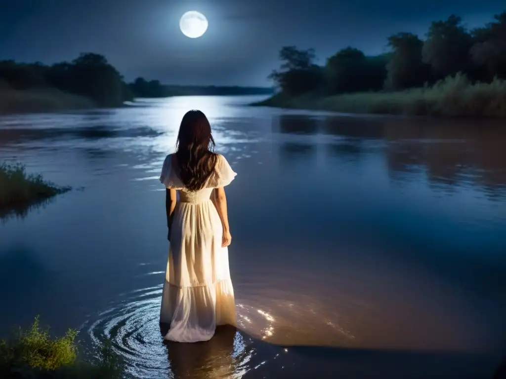 La Llorona: Lamento en la Noche La Llorona, mito de dolor y misterio, una figura en vestido blanco junto al río bajo la luna