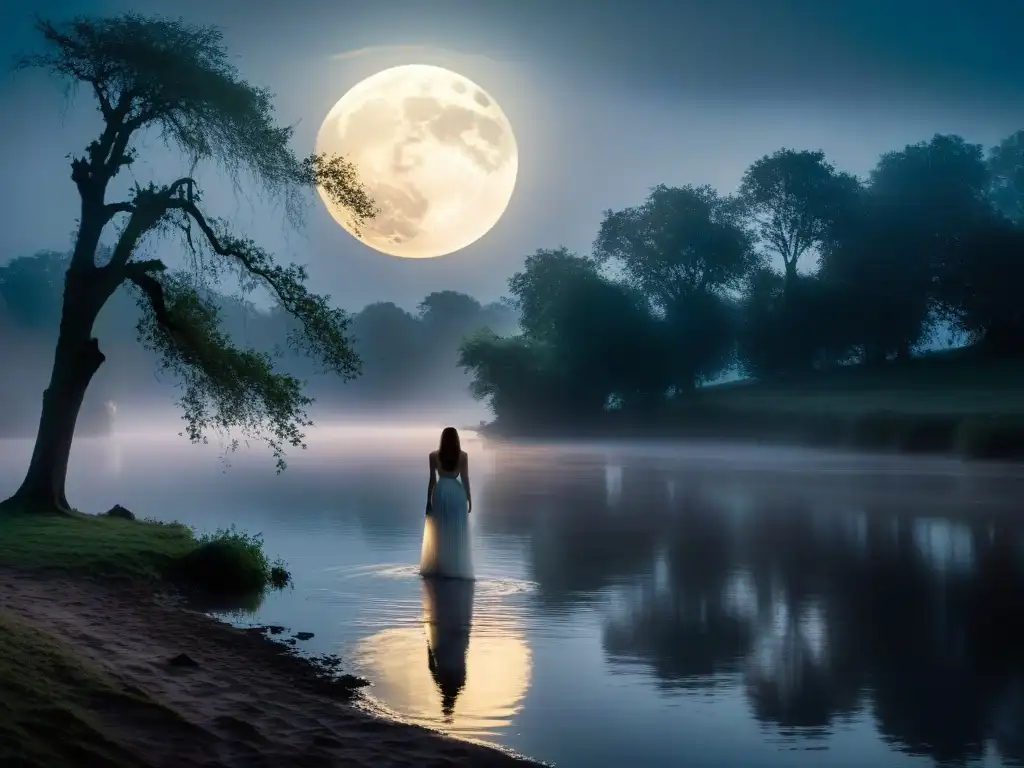 Misteriosa escena de La Llorona en la orilla del río La maldición de La Llorona, un río iluminado por la luna donde una figura llorosa viste un largo vestido blanco