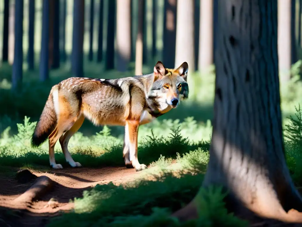 Sigiloso lobo cazando en el bosque: la esencia cruda de la supervivencia Un lobo solitario acechando a su presa en un bosque sombrío