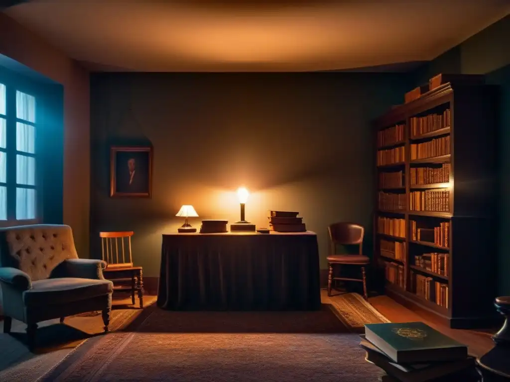 Una habitación lúgubre con luces titilantes, objetos levitando y figuras sombrías moviéndose en la penumbra