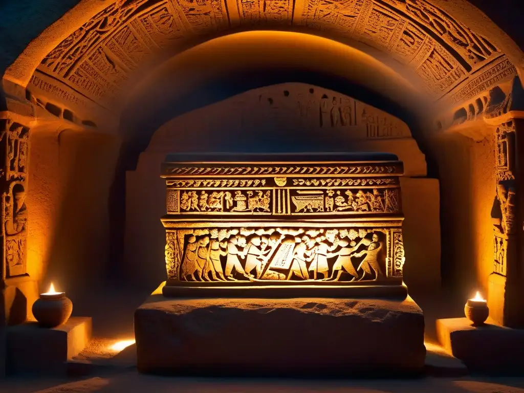 Chamber of the Ancients: misterios y joyas en la tumba Majestuosa cámara funeraria iluminada por antorchas, revelando escenas míticas de la inmortalidad