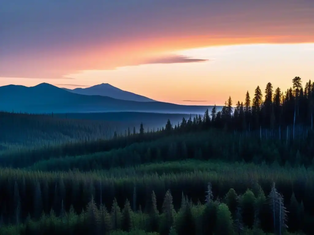 El misterioso atardecer en la salvaje Tunguska: secretos ancestrales Majestuosa naturaleza en la misteriosa Tunguska al atardecer, con la huella de la Explosión Tunguska tecnología desconocida