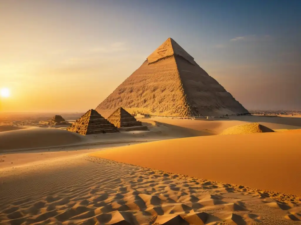 Majestuosa Gran Pirámide de Giza al atardecer dorado Majestuosa pirámide de Giza al atardecer en el desierto, evocando la civilización avanzada