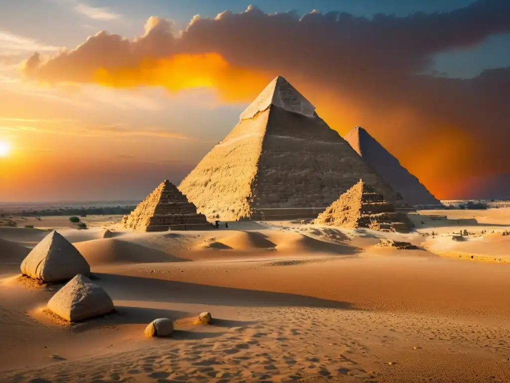 Majestuosidad mística: Gran Pirámide de Giza al atardecer Majestuosa pirámide de Giza al atardecer en el desierto, evocando la grandeza y misterio de la civilización avanzada