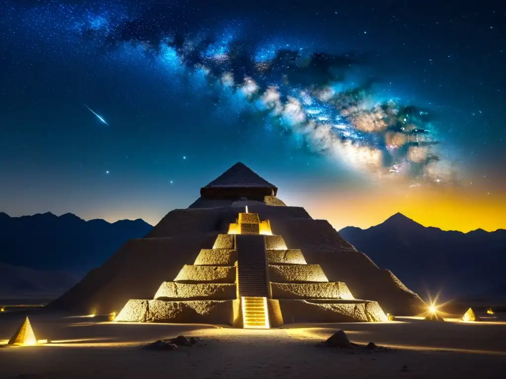 Misterios astronómicos en las pirámides de Caral Majestuosas Pirámides de Caral bajo el cielo estrellado, invitando a desentrañar misterios