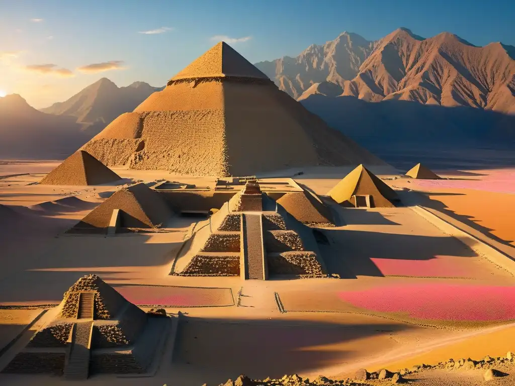 Misteriosa belleza: Ruinas de Caral al atardecer Majestuosas pirámides de Caral, misterios desentrañar en ruinas al atardecer