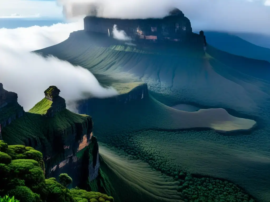 Majestuosa cumbre de Mount Roraima: misterio y maravilla natural La majestuosidad de la cima del Monte Roraima, rodeada de niebla y vegetación exuberante, evoca misterio y asombro