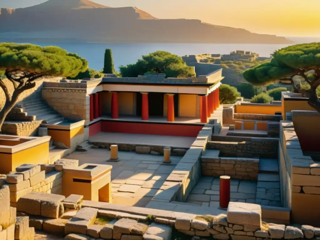 Majestuosas ruinas de Knossos al atardecer: historia y misterio en 8k Explora la majestuosidad y misterio del Palacio de Knossos al atardecer, con sombras y frescos legendarios