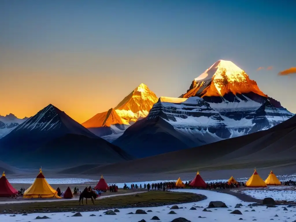 Esplendoroso amanecer en el sagrado Monte Kailash La majestuosidad de los Misterios Monte Kailash Sagrados al amanecer, con peregrinos y picos nevados bajo la luz dorada