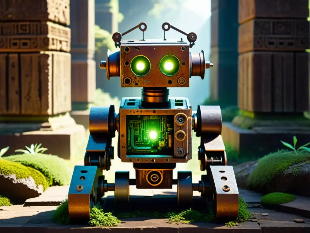 Robot oxidado entre ruinas: fusión de naturaleza y tecnología La majestuosidad de un robot oxidado en ruinas, fusionando naturaleza y tecnología