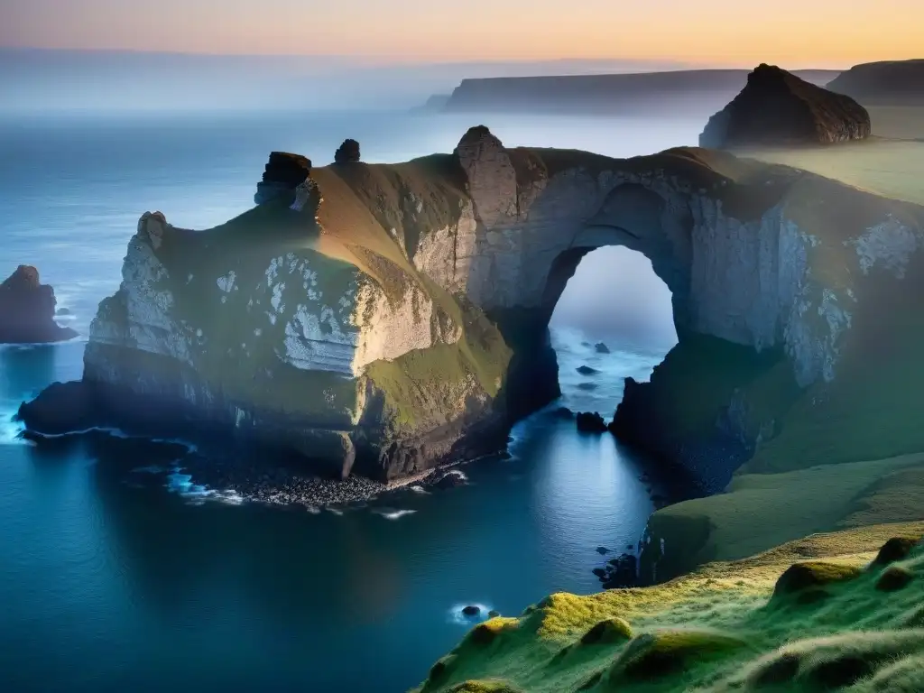 Acantilado místico al anochecer con arco de piedra - Puerta de Hércules Majestuoso acantilado al atardecer, envuelto en niebla con la silueta de La Puerta de Hércules misterio en la piedra destacando