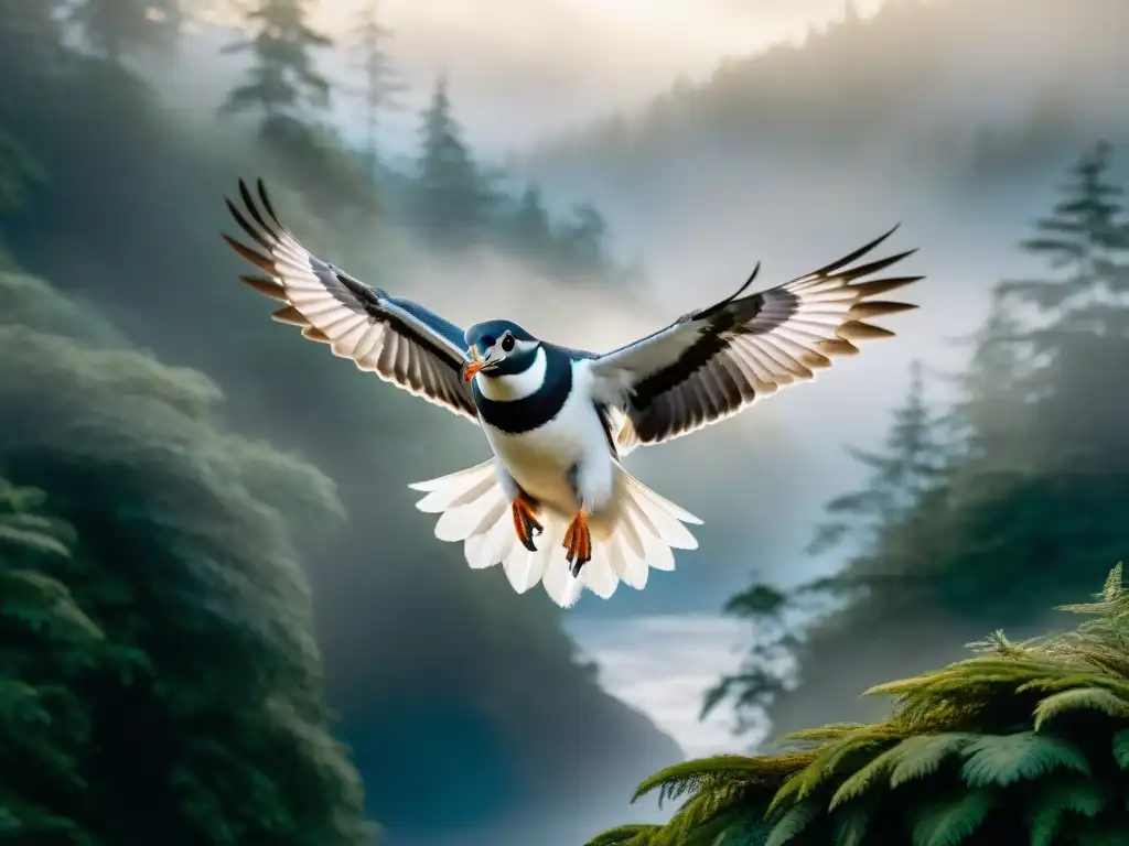 Auk Grande en vuelo: ilustración detallada en la niebla Majestuoso Auk Grande en misterioso vuelo entre la niebla, mostrando detalles de plumas y un aura enigmática